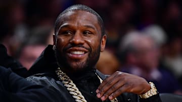 Feb 7, 2023; Los Angeles, California, USA; American boxer Floyd Mayweather attends the game between the Los Angeles Lakers and the Oklahoma City Thunder in the first half at Crypto.com Arena. Mandatory Credit: Gary A. Vasquez-Imagn Images