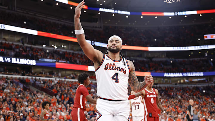 Nov 19, 2025; Chicago, Illinois, USA; Illinois Fighting Illini guard Kylan Boswell (4) reacts during the second half at United Center. Mandatory Credit: Kamil Krzaczynski-Imagn Images