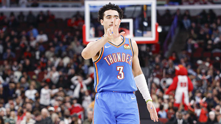 Mar 3, 2026; Chicago, Illinois, USA; Oklahoma City Thunder guard Jared McCain (3) reacts after scoring a three-pointer against the Chicago Bulls during the second half at United Center. Mandatory Credit: Kamil Krzaczynski-Imagn Images