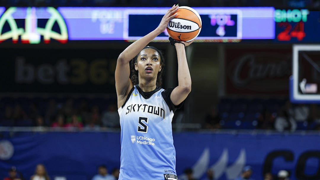 Sep 3, 2025; Chicago, Illinois, USA; Chicago Sky forward Angel Reese (5) shoots a free throw against the Connecticut Sun during the second half at Wintrust Arena. Mandatory Credit: Kamil Krzaczynski-Imagn Images