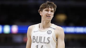 Dec 21, 2024; Chicago, Illinois, USA; Chicago Bulls forward Matas Buzelis (14) reacts during the first half at United Center. Mandatory Credit: Kamil Krzaczynski-Imagn Images