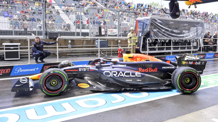 Jun 7, 2024; Montreal, Quebec, CAN; Red Bull Racing driver Max Verstappen (NED) in the pit lane during the practice session at Circuit Gilles Villeneuve. Mandatory Credit: Eric Bolte-USA TODAY Sports