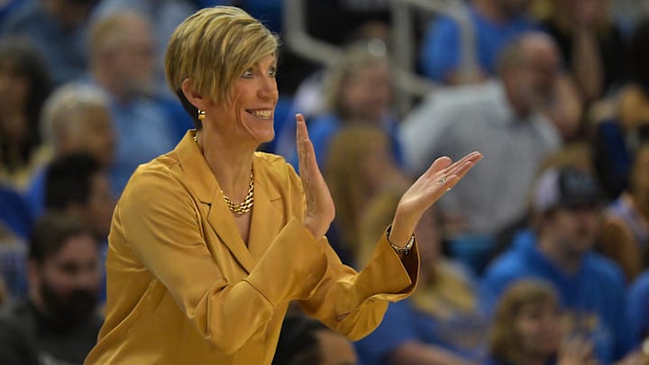Feb 1, 2026; Los Angeles, California, USA;  Iowa Hawkeyes head coach Jan Jensen in the first half against the UCLA Bruins at Pauley Pavilion presented by Wescom Financial. Mandatory Credit: Jayne Kamin-Oncea-Imagn Images