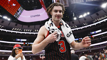 Oct 31, 2025; Chicago, Illinois, USA; Chicago Bulls guard Josh Giddey (3) celebrates after team's win against the New York Knicks at United Center. Mandatory Credit: Kamil Krzaczynski-Imagn Images