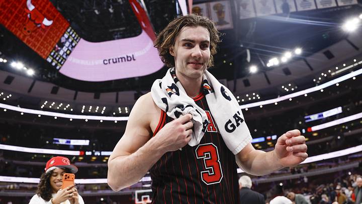 Oct 31, 2025; Chicago, Illinois, USA; Chicago Bulls guard Josh Giddey (3) celebrates after team's win against the New York Knicks at United Center. Mandatory Credit: Kamil Krzaczynski-Imagn Images