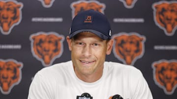 Aug 8, 2025; Lake Forest, IL, USA; Chicago Bears head coach Ben Johnson speaks before joint training camp practice with the Miami Dolphins ahead of Sunday's preseason opener. Mandatory Credit: Kamil Krzaczynski-Imagn Images