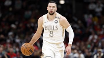 Dec 21, 2024; Chicago, Illinois, USA; Chicago Bulls guard Zach LaVine (8) brings the ball up court against the Boston Celtics during the first half at United Center. Mandatory Credit: Kamil Krzaczynski-Imagn Images