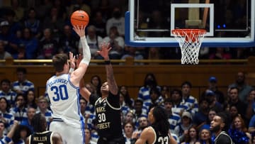 Feb 12, 2024; Durham, North Carolina, USA;  Duke Blue Devils center Kyle Filipowski (30) shooots