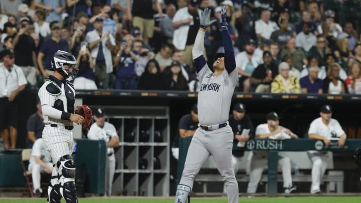 Aug 13, 2024; Chicago, Illinois, USA; New York Yankees outfielder Juan Soto (22) crosses home plate after hitting a solo home run against the Chicago White Sox during the fifth inning at Guaranteed Rate Field. Mandatory Credit: Kamil Krzaczynski-USA TODAY Sports