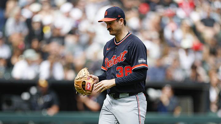 May 31, 2026; Chicago, Illinois, USA; Detroit Tigers relief pitcher Drew Anderson (38) leaves a baseball game against the Chicago White Sox during the seventh inning at Rate Field. Mandatory Credit: Kamil Krzaczynski-Imagn Images
