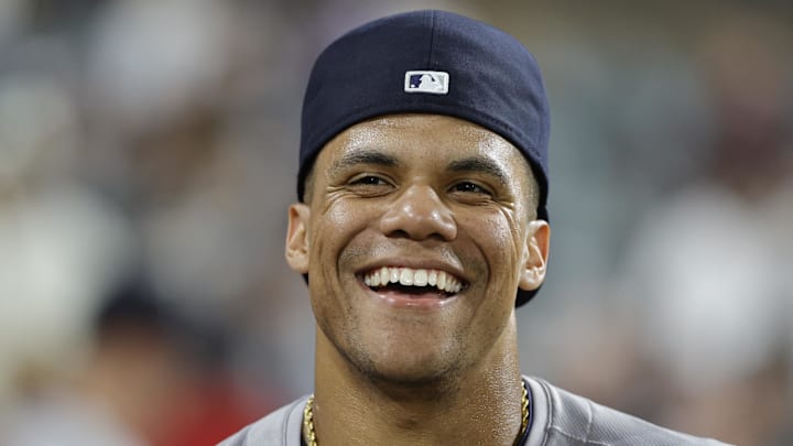 Aug 13, 2024; Chicago, Illinois, USA; New York Yankees outfielder Juan Soto (22) smiles after a game against the Chicago White Sox at Guaranteed Rate Field. Mandatory Credit: Kamil Krzaczynski-Imagn Images