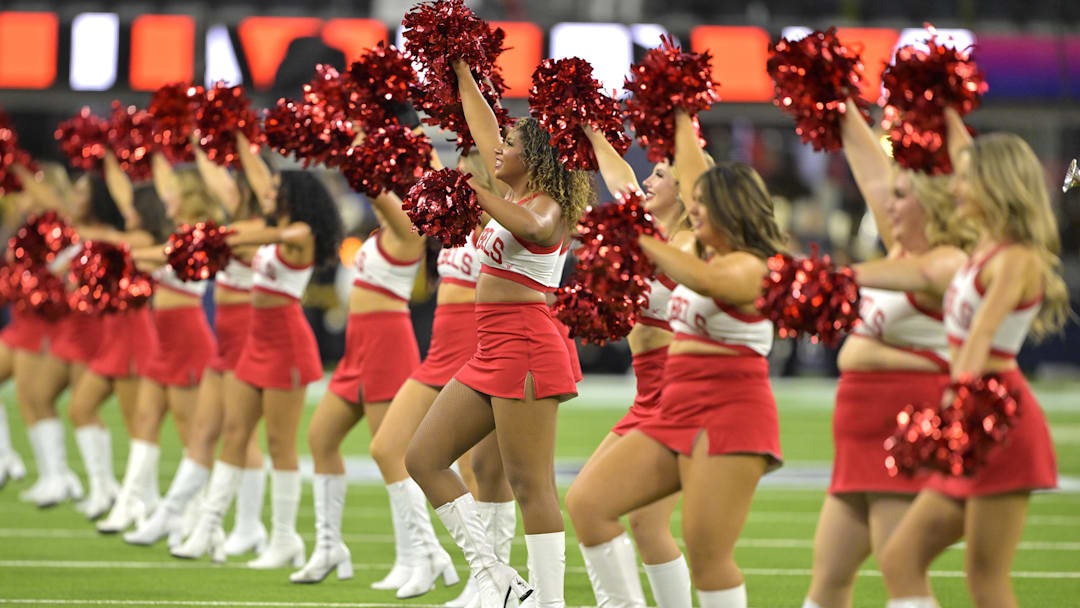 Dec 18, 2024; Inglewood, CA, USA;     UNLV Rebels cheerleaders perform during the LA Bowl game against the California Golden Bears at SoFi Stadium. 