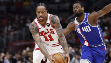 Feb 3, 2024; Chicago, Illinois, USA; Chicago Bulls forward DeMar DeRozan (11) drives to the basket against the Sacramento Kings during the first half at United Center. Mandatory Credit: Kamil Krzaczynski-USA TODAY Sports