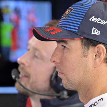 Jun 7, 2024; Montreal, Quebec, CAN; Red Bull Racing driver Sergio Perez (MEX) in the pit lane during the practice session at Circuit Gilles Villeneuve. Mandatory Credit: Eric Bolte-Imagn Images