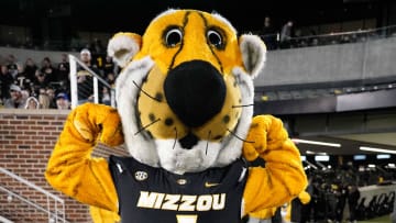 Nov 18, 2023; Columbia, Missouri, USA; The Missouri Tigers mascot Truman poses for a photo against the Florida Gators during the game at Faurot Field at Memorial Stadium.