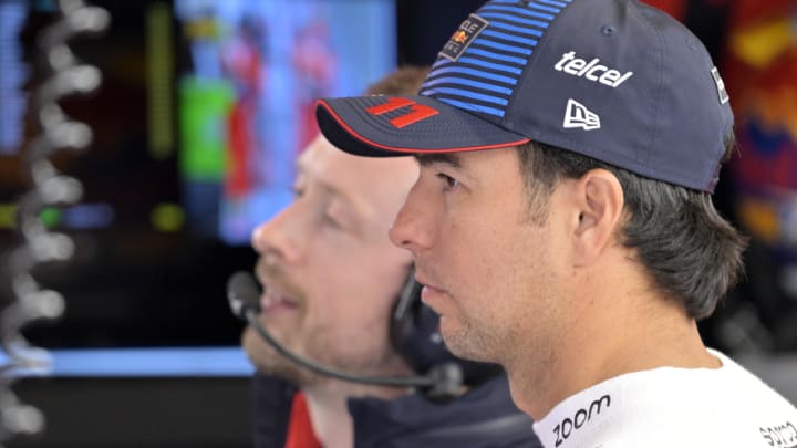 Jun 7, 2024; Montreal, Quebec, CAN; Red Bull Racing driver Sergio Perez (MEX) in the pit lane during the practice session at Circuit Gilles Villeneuve. Mandatory Credit: Eric Bolte-USA TODAY Sports