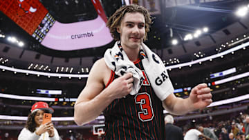 Oct 31, 2025; Chicago, Illinois, USA; Chicago Bulls guard Josh Giddey (3) celebrates after team's win against the New York Knicks at United Center. Mandatory Credit: Kamil Krzaczynski-Imagn Images