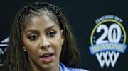 Aug 25, 2025; Chicago, Illinois, USA; Chicago Sky franchise legend and WNBA Champion Candace Parker speaks during a press conference before a WNBA game between the Chicago Sky and Las Vegas Aces at Wintrust Arena. Mandatory Credit: Kamil Krzaczynski-Imagn Images