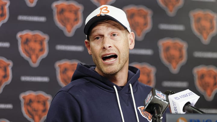 May 8, 2026; Lake Forest, IL, USA; Chicago Bears head coach Ben Johnson addresses the media at Halas Hall before Rookie Minicamp. Mandatory Credit: Kamil Krzaczynski-Imagn Images
