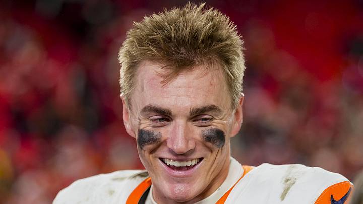 Dec 25, 2025; Kansas City, Missouri, USA; Denver Broncos quarterback Bo Nix (10) gives an interview after the game at GEHA Field at Arrowhead Stadium. Mandatory Credit: Jay Biggerstaff-Imagn Images