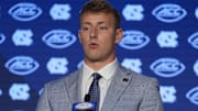 Jul 25, 2024; Charlotte, NC, USA;  UNC Tar Heels quarteback Max Johnson speaks to the media during the ACC Kickoff at Hilton Charlotte Uptown. Mandatory Credit: Jim Dedmon-Imagn Images