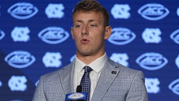Jul 25, 2024; Charlotte, NC, USA;  UNC Tar Heels quarteback Max Johnson speaks to the media during the ACC Kickoff at Hilton Charlotte Uptown. Mandatory Credit: Jim Dedmon-Imagn Images
