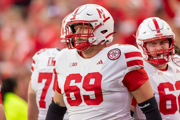 Nebraska offensive lineman Turner Corcoran during the Huskers' 2025 game vs. Cincinnati at Arrowhead Stadium in Kansas City