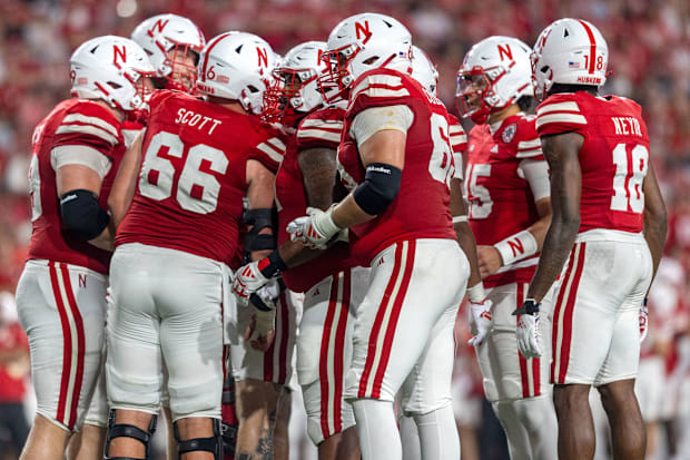 The Nebraska Cornhuskers huddle during a game against the Northern Iowa Panthers.