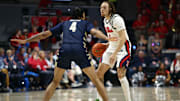 Nov 21, 2024; Oxford, Mississippi, USA; Mississippi Rebels guard Robert Cowherd (6) dribbles as Oral Roberts Golden Eagles forward Jackson Skipper (4) defends during the second half at The Sandy and John Black Pavilion at Ole Miss. Mandatory Credit: Petre Thomas-Imagn Images