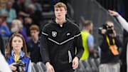 Mar 14, 2025; Charlotte, NC, USA; Duke Blue Devils forward Cooper Flagg (2) walks to the bench during the first half against the North Carolina Tar Heels at Spectrum Center. Mandatory Credit: Jim Dedmon-Imagn Images