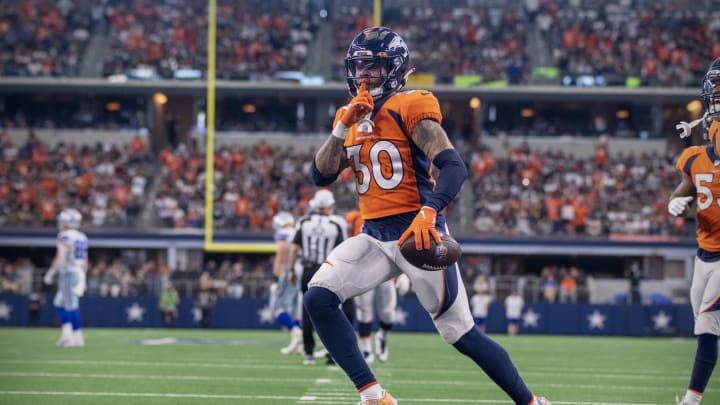 Nov 7, 2021; Arlington, Texas, USA; Denver Broncos safety Caden Sterns (30) in action during the game between the Dallas Cowboys and the Denver Broncos at AT&T Stadium. Mandatory Credit: Jerome Miron-USA TODAY Sports