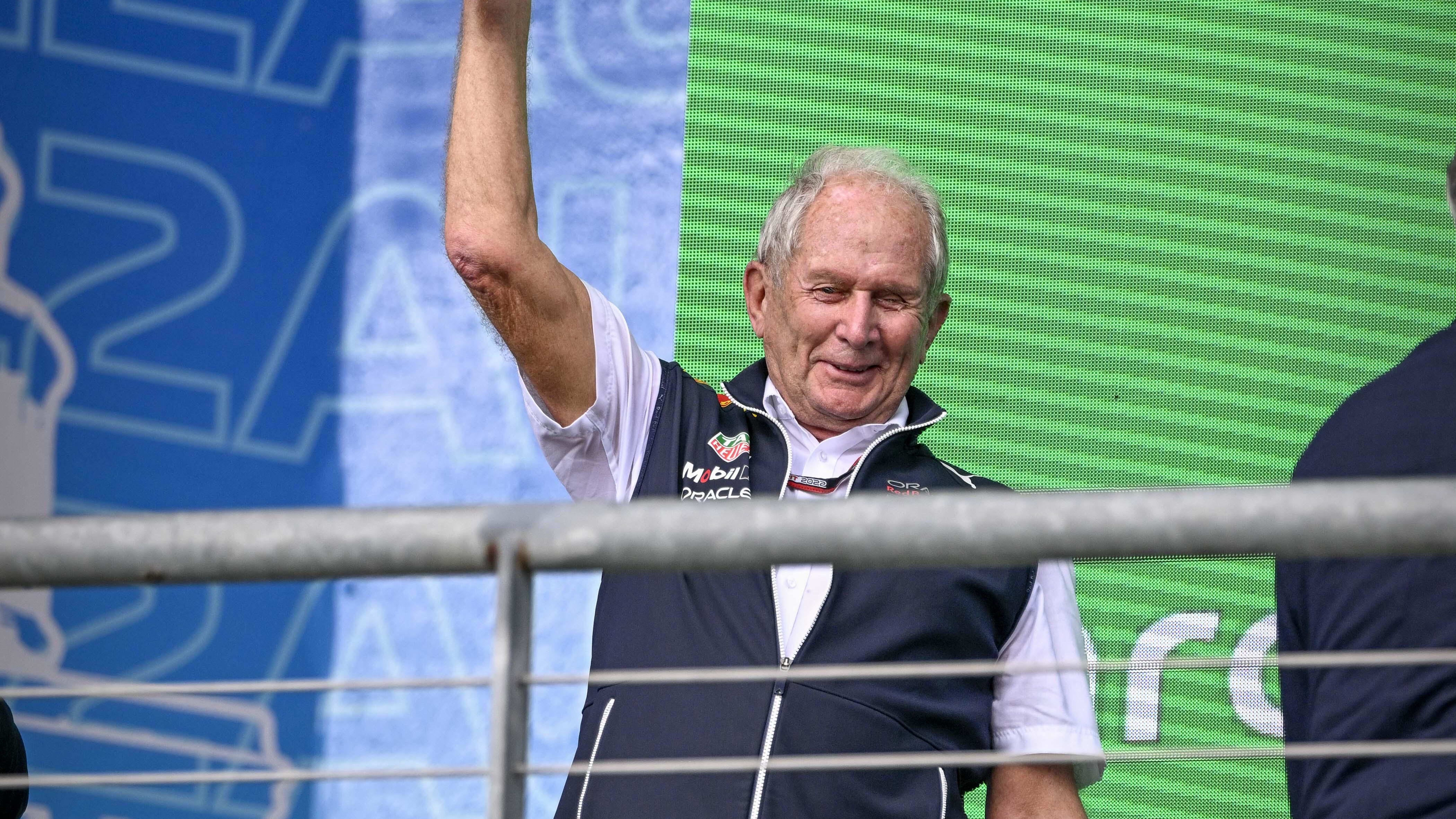 Oct 23, 2022; Austin, Texas, USA; Helmut Marko of Red Bull Racing Team holds up the World