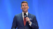 Jan 29, 2018; St. Paul, MN, USA; NFL Network broadcaster Scott Hanson speaks with the Lombardi trophy by his side during Super Bowl LII Opening Night at Xcel Energy Center. Mandatory Credit: Kirby Lee-Imagn Images