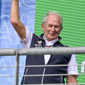 Oct 23, 2022; Austin, Texas, USA; Helmut Marko of Red Bull Racing Team holds up the World Constructors' Champions trophy after the running of the U.S. Grand Prix F1 race at Circuit of the Americas. Mandatory Credit: Jerome Miron-USA TODAY Sports
