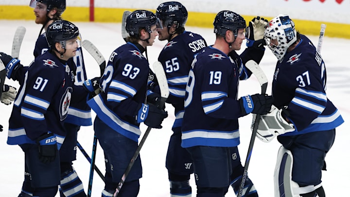 Winnipeg, Manitoba, CAN; Winnipeg Jets celebrate on home ice at the Canada Life Centre.