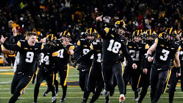 Iowa Hawkeyes place kicker Drew Stevens (18) celebrates after kicking the game-winning field goal against the Nebraska Cornhuskers to win 13-10 Friday, Nov. 29, 2024 at Kinnick Stadium in Iowa City, Iowa.