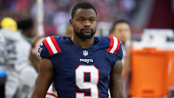 Dec 15, 2024; Glendale, Arizona, USA; New England Patriots wide receiver Kayshon Boutte (9) against the Arizona Cardinals at State Farm Stadium. Mandatory Credit: Mark J. Rebilas-Imagn Images