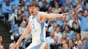 Dec 7, 2025; Chapel Hill, North Carolina, USA;  North Carolina Tar Heels center Henri Veesaar (13) reacts in the second half at Dean E. Smith Center. Mandatory Credit: Bob Donnan-Imagn Images