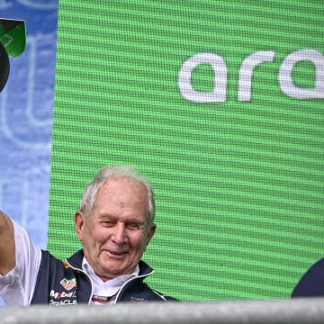 Oct 23, 2022; Austin, Texas, USA; Helmut Marko of Red Bull Racing Team holds up the World Constructors' Champions trophy after the running of the U.S. Grand Prix F1 race at Circuit of the Americas. Mandatory Credit: Jerome Miron-USA TODAY Sports