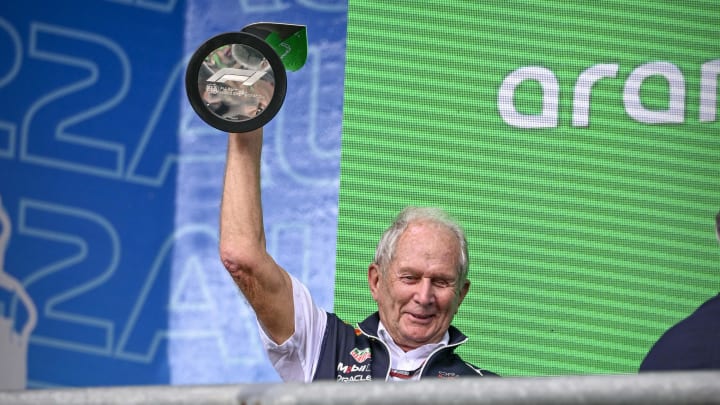 Oct 23, 2022; Austin, Texas, USA; Helmut Marko of Red Bull Racing Team holds up the World Constructors' Champions trophy after the running of the U.S. Grand Prix F1 race at Circuit of the Americas. Mandatory Credit: Jerome Miron-USA TODAY Sports