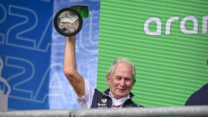 Oct 23, 2022; Austin, Texas, USA; Helmut Marko of Red Bull Racing Team holds up the World Constructors' Champions trophy after the running of the U.S. Grand Prix F1 race at Circuit of the Americas. Mandatory Credit: Jerome Miron-USA TODAY Sports