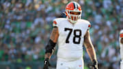Oct 13, 2024; Philadelphia, Pennsylvania, USA; Cleveland Browns offensive tackle Jack Conklin (78) against the Philadelphia Eagles at Lincoln Financial Field. Mandatory Credit: Eric Hartline-Imagn Images