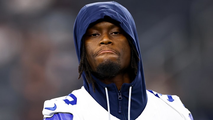 Aug 22, 2025; Arlington, Texas, USA; Dallas Cowboys wide receiver George Pickens (3) before the game against the Atlanta Falcons at AT&T Stadium. Mandatory Credit: Kevin Jairaj-Imagn Images