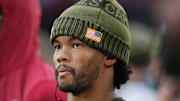 Arizona Cardinals quarterback Kyler Murray watches his team from the sidelines as they play the San Francisco 49ers at State Farm Stadium in Glendale on Nov. 16, 2025.
