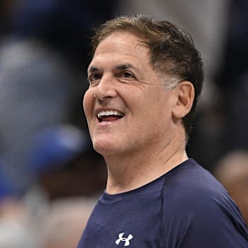 Apr 11, 2025; Dallas, Texas, USA; Dallas Mavericks minority owner Mark Cuban looks on during the second half against the Toronto Raptors at the American Airlines Center. Mandatory Credit: Jerome Miron-Imagn Images