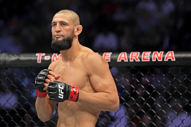 Khamzat Chimaev fights Kevin Holland during UFC 279 at T-Mobile Arena. 