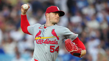Aug 4, 2025; Los Angeles, California, USA; St. Louis Cardinals pitcher Sonny Gray (54) throws during the second inning against the Los Angeles Dodgers at Dodger Stadium. Mandatory Credit: Kirby Lee-Imagn Images