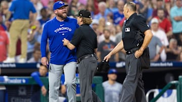 May 7, 2024; Philadelphia, Pennsylvania, USA; Toronto Blue Jays manager John Schneider argues a play