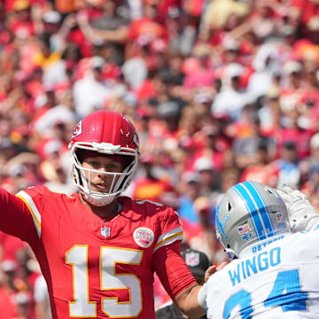 Aug 17, 2024; Kansas City, Missouri, USA; Kansas City Chiefs quarterback Patrick Mahomes (15) throws a pass against the Detroit Lions during the first half at GEHA Field at Arrowhead Stadium. Mandatory Credit: Denny Medley-Imagn Images