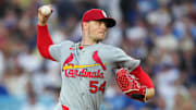 Aug 4, 2025; Los Angeles, California, USA; St. Louis Cardinals pitcher Sonny Gray (54) throws during the second inning against the Los Angeles Dodgers at Dodger Stadium. Mandatory Credit: Kirby Lee-Imagn Images